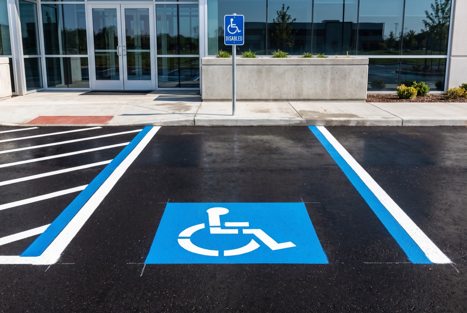 Freshly painted ADA accessible parking stall with wheelchair symbol, access aisle and signage