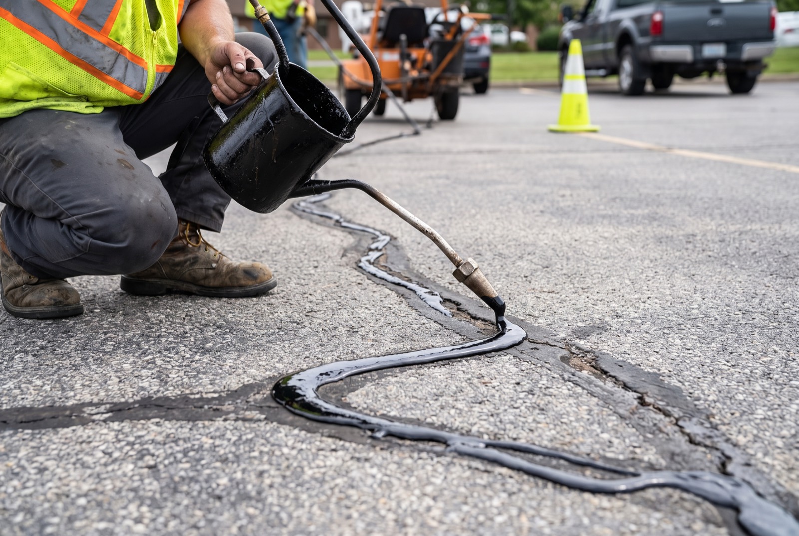 Hot-pour rubberized crack sealant being applied to asphalt cracks in a Collin County parking lot
