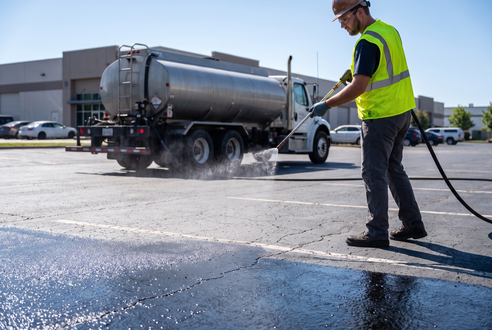 Worker spraying black sealcoat emulsion onto a commercial parking lot in McKinney, TX