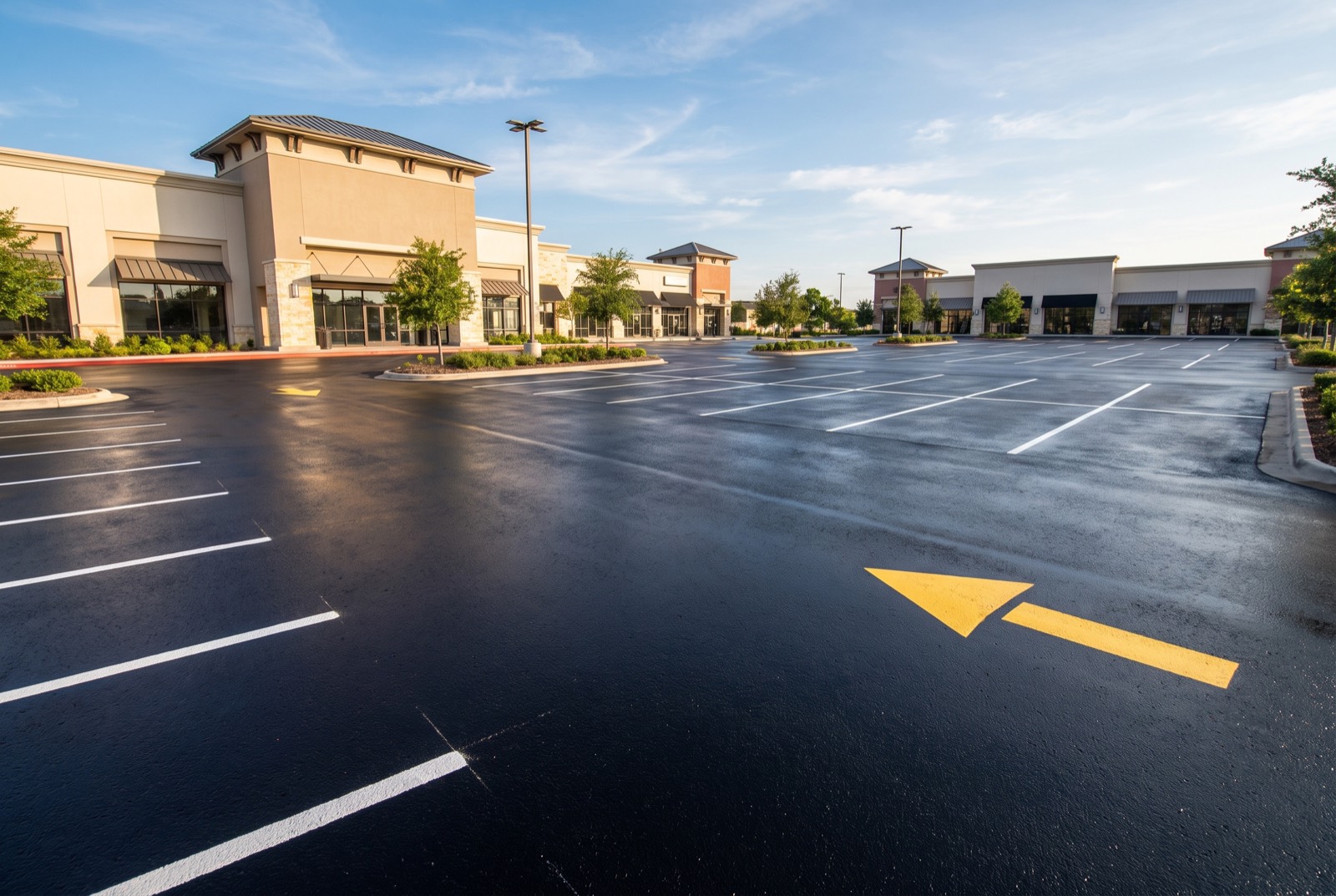 Freshly sealcoated and striped retail parking lot in Collin County, TX