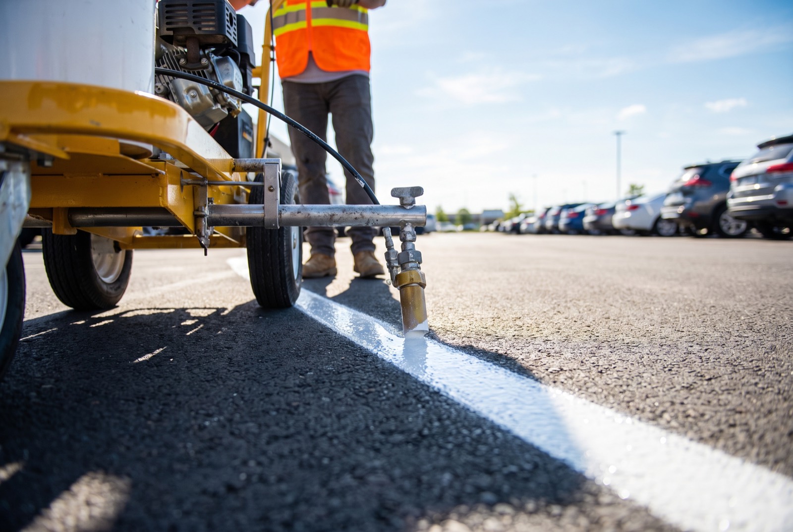 Striping machine spraying a fresh white parking stall line on asphalt in McKinney, TX