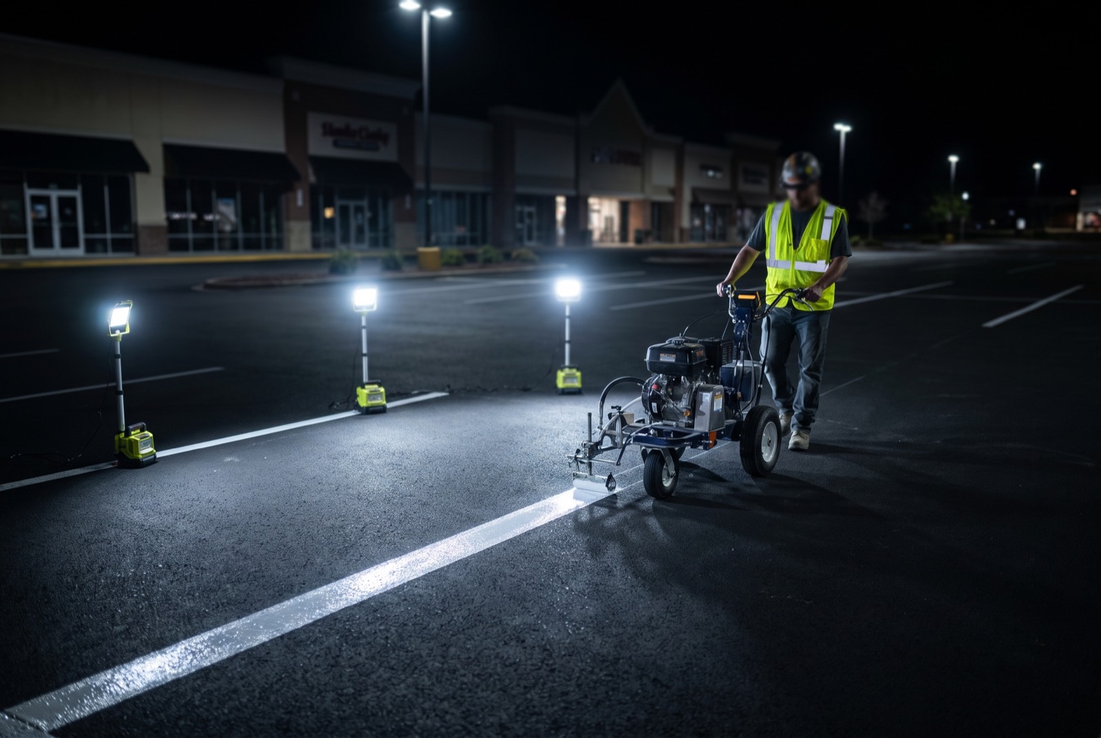 Line striping machine laying fresh white lines on a McKinney, TX parking lot at night